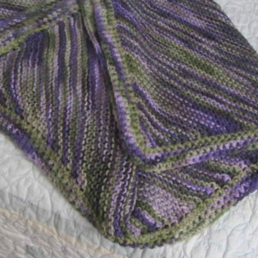 Handmade knitted blanket, throw, shades of purple and green, soft washable